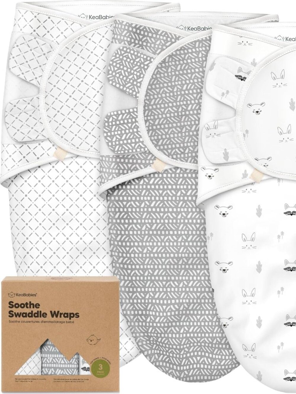 KeaBabies Organic Cotton Swaddle Wraps 3-Pack 0–3M Open Box